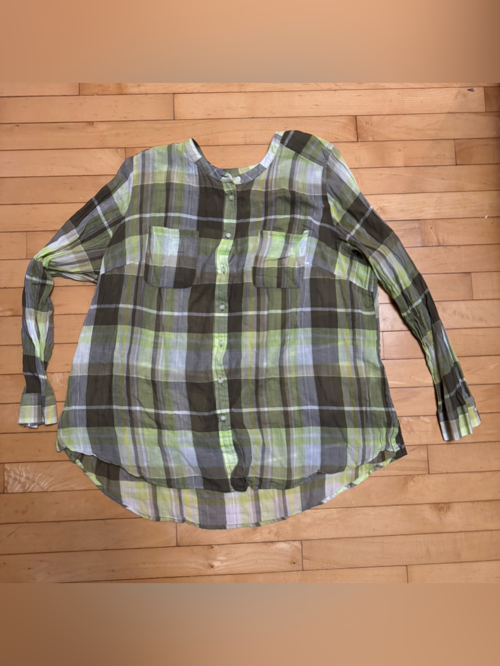 Lane Bryant plaid cotton blouse camp shirt olive green chartreuse white 18/20